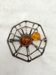 Sterling Silver Genuine Amber Spider  Brooch Pin
