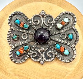 Vintage Amethyst  Turquoise Coral Sterling Brooch Pin