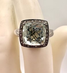 Elegant Green Amethyst & Diamond Sterling  Ring