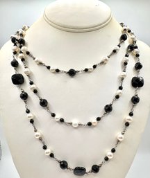 Fresh Water Pearls , Onyx  & Sterling Silver Necklace