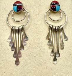 Native American ZUNI Sterling Silver  Inlay  Earrings