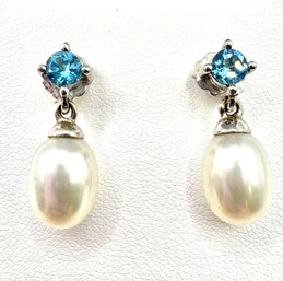 Lovely HONORA Sterling Blue Topaz And Pearl Earrings