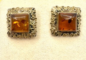 Large  Vintage Sterling Silver And Amber Earrings
