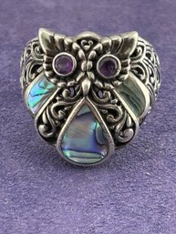 Fun Sterling Silver Abalone  Owl Ring Amethyst Eyes