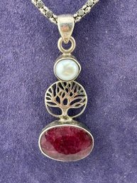 Beautiful Sterling Silver Pearl Ruby Tree Necklace
