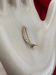 Antique Sweet 10Kt Gold And Pearl Moon Pin Brooch