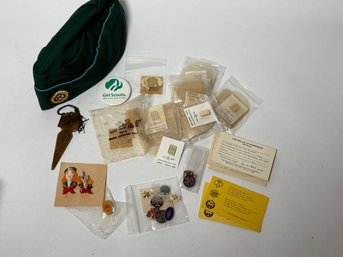 Assorted Girl Scouts Memorabilia: Pins, Hat, Cards