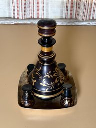 Mid-Century Hand Painted Amethyst Decanter & Shot Glasses