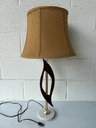 MCM Sculpted Wooden Lamp W. Burlap Shade