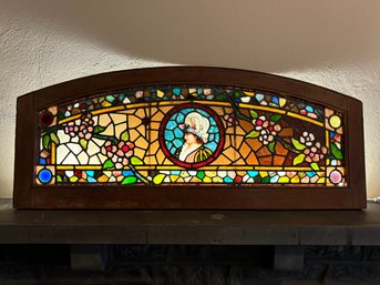 Antique Arched Stained Glass Window Featuring A Hand-painted Woman