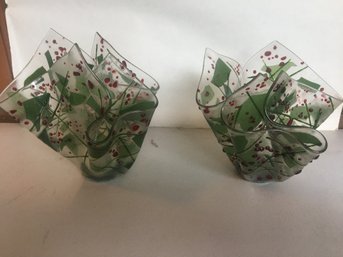 A - Warped Glass Candle Holders Xmas Holly Design Crinkled Paper Look Very Cool