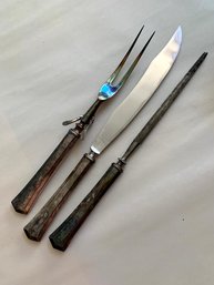 (D10)   Vintage Universal Carving Knife And Fork And Sharpening Steel Silver Metal