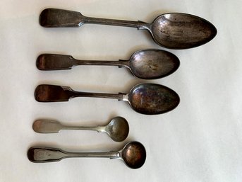 (D12)   Vintage Lot Of 5 Silver Plate Spoons  One Marked Pluro Silver