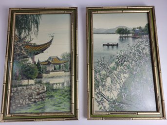 Pair Of Hong Zhiou Beijing Silk Brocade 20' X 12' Chinese Cherry Blossom