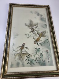 #2 Hong Zhiou Beijing Silk Brocade 22' X 14' Swimming Gold Betta Fish Chinese