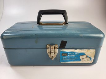 Vintage Sears Steel Tool Box With Assorted Tools Inside Stanley Vise Etc See Pics