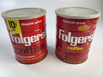 B - Pair Of Vintage Folgers Coffee Tins 32 Oz Regular Grind Mountain Grown