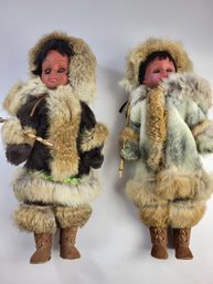 C - Pair Of Vintage Eskimo Girls In Full Fur Attire Sliding Eyelids 20' Inches Tall