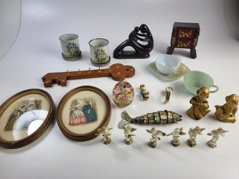 I - Box Lot Art Japanese Cups Vintage Oval Frames Fire King Artist Figures Timex Watch Etc See Pics