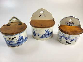 L - Vintage German Ceramic Salt Holders With Wooden Tops