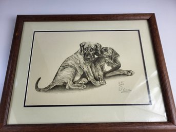 Michael 1973 Hound Dog Pencil Shade Drawing Wooden Frame Glass Front 18' X 14' Inches