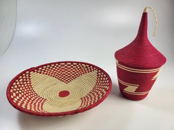 P - Vintage Spiral Red Woven Plate And Lidded Container
