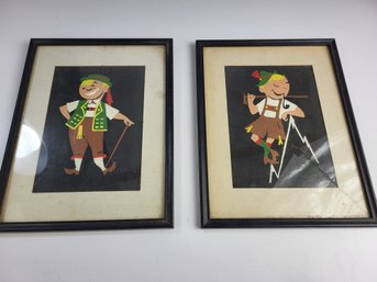 P - Pair Of Bavarian Boy German Painting Framed Glass Guard Wood Frame 12' X 10' Inches