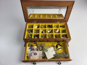R - Vintage Wooden Jewelry Box Filled With Earrings Broaches Etc See Pics