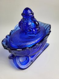 R - Cobalt Santa Candy Dish Removable Top Saint Nick On His Sleigh Xmas Christmas
