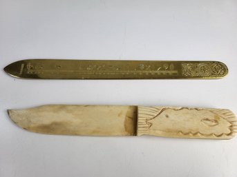 R - Bone Knife ? With Carved Fish And Vinter Sommer Tilladt Almanac Expedition David Andersen Metal Brass