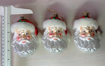 3 Vintage Americhristmas Large Blown Glass Santa Head Ornaments With Fluffy Details (Den2)