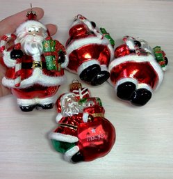 4 Blown Glass Large 5' Santa Ornaments One Macy's With Flock Trim (Den3)