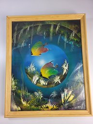 22' X 18' Inches Mexican Street Art Fish World Wood Frame / Glass