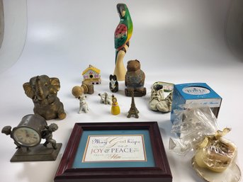 Box Lot H - Towle Silversmith Brass Elephant Wooden Parrot Metal Clock Different Tower Etc