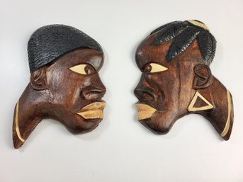 I - Pair Of Wooden African Tribal Art Faces