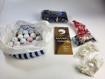 J - Lot Of Golf Accessories Maxfli Glove New / Bags Of Tees / 5 Wood Headcover And 2 Dozen Balls