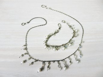 (A6)   Vintage Unmarked Silver Hand Made Freshwater Pearl And Crystal Necklace Bracelet Set