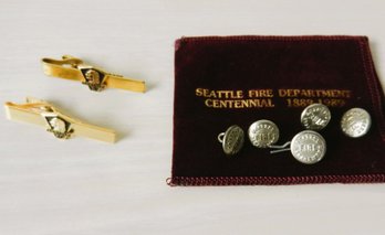 (E14) Vintage Waterbury Repro Seattle Fire Dept Buttons And Seattle Tie Clips