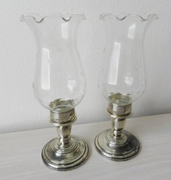 (B4)   Pair Of Frank M. Whiting Sterling Silver And Glass Hurricane Lamps - Weighted