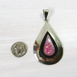 (A23)   Vintage Sterling Silver Mexico Pink Fire Opal Teardrop Onyx Pendant