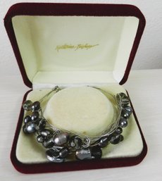 (E8) Vintage Katherine Bishop Box With Black Pearl, Bead And Sterling Silver Wire Bracelet