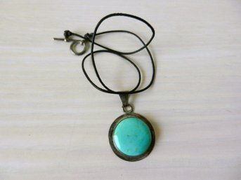 (E9) Vintage Sterling Silver And Turquoise Pendant Mexico On Leather Cord