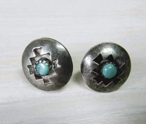 (A2)   Vintage Sterling And Turquoise Shadowbox Stud Earrings