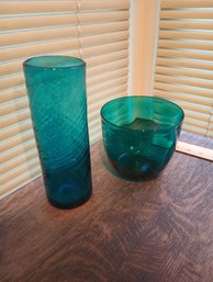Pair Of Blue Glass Hand Blown Vases