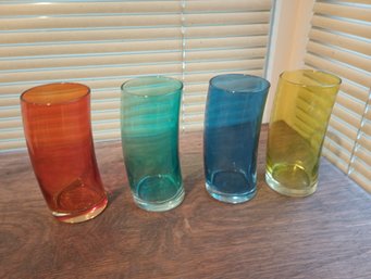 Set Of 4 Vintage Colored Slant Glasses Some Color Damage