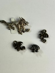 Lot Of Sterling Silver Dragon Pins + Hedgehog 12g