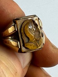 Antique Carved Cats Eye Cameo Head Of Soldier 10k Gold Ring Size 7.5 With Wire Size Adjust 5.1g