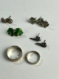 Sterling Silver Earrings And Unmarked Silver Rings (Size 4 + 7) Enamel Frog Inlaid Lightning Bolt