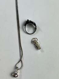 Sterling Silver Necklace With Gem Pendant, Cat Ring Size 3, Small Warrior Pendant 10.4g