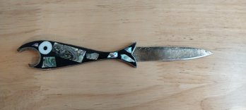 Vintage Alpaca Mexico Silver Abalone Fish Bottle Opener (P-36)